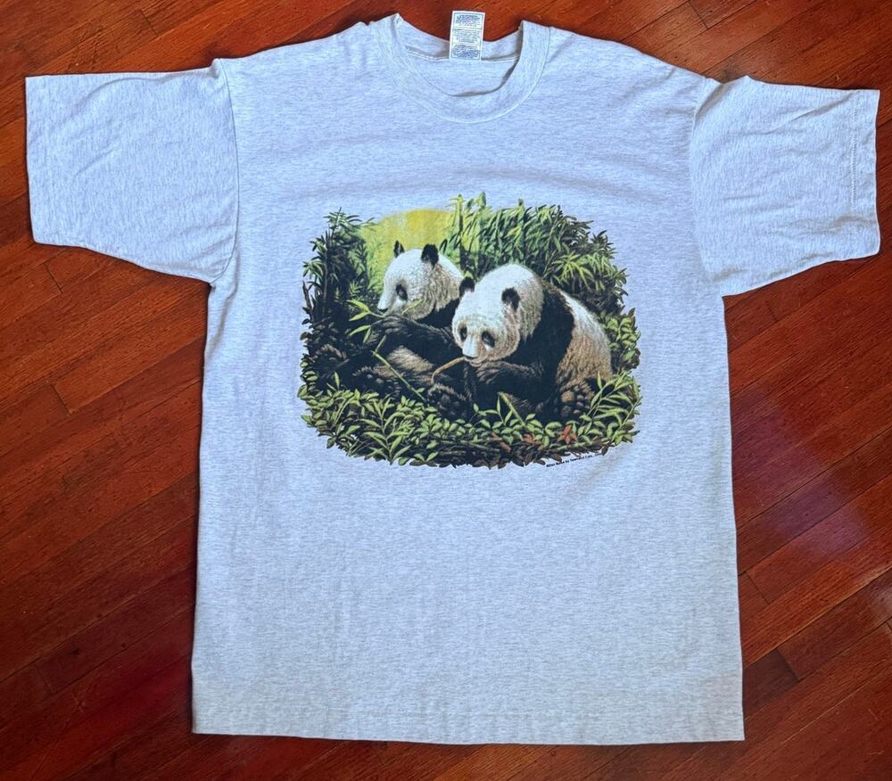 Vintage Y2K Fruit Of Loom Heather Gray Pandas T Shirt Green Bamboo Tee Large